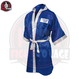Robe de boxe sur mesure de qualité supérieure pour adulte, bleue avec détails blancs, pour homme, pour la marche sur le ring de boxe. - Product Image 3