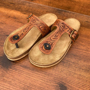 Nuevas sandalias de Tanga personalizadas de cuero con herramientas manuales con chanclas florales occidentales, zapatos costeros de vaquera de verano para mujer - Product Image 3