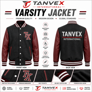 เสื้อแจ็คเก็ตวาร์ซิตี้ TANVEX INTERNATIONAL สำหรับผู้ชาย สีดำ แขนสีแดง ผลิตจากวัสดุผสมขนสัตว์ เป็นมิตรต่อสิ่งแวดล้อม ปักโลโก้ TX ติดกระดุมเม็ดเดียว - Product Image 6