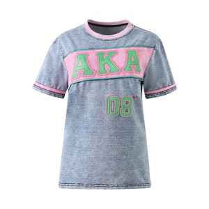 Camiseta Deportiva de Mezclilla Premium AKA para Mujer, con Letras Griegas Bordadas, Cuello Redondo, de Alta Calidad - Product Image 1