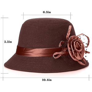 Chapeau Bob en Laine Marron Élégant pour l'Hiver, Bonnet Cloche avec Fleur en Satin et Dentelle, Couvre-chef Confortable pour l'Extérieur - Product Image 2