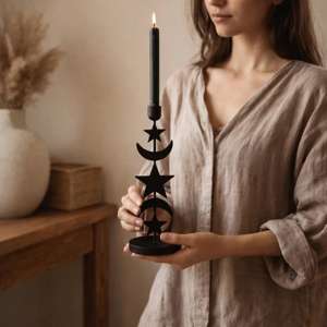 Portavelas de metal negro con forma de estrella y luna, perfecto para decoración festiva y de temporada del hogar, venta al por mayor desde India. - Product Image 3