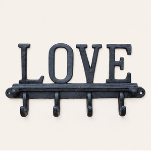 Decorative Love Sign Wall Mounted Key Holder Heavy Duty Cast Iron 4-<b>Hook</b> Rack For Entryway Rust-Resistant Matte Black Hanger - Product Image 3