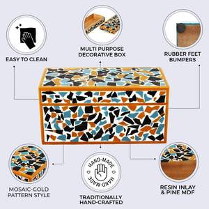 Caja de almacenamiento rectangular de madera con patrón de mosaico geométrico negro, naranja y azul, organizador de joyas 0-1L - Product Image 3