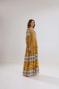 Floral Printed Maxi <b>Dress</b> Women V Neck Lantern Sleeve <b>Boho</b> Loose Cotton <b>Summer</b> Casual Eco-Friendly A-Line Silhouette <b>Dress</b> - Product Image 5