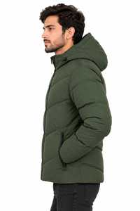 Chaqueta acolchada con capucha verde para hombre, abrigo grueso de plumón con forro de piel sintética, ropa de abrigo de invierno con cremallera - Product Image 3