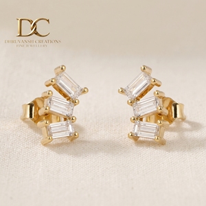 Unique Designer 14KT Solid Gold Lab Grown Diamond <b>Stud</b> <b>Earring</b> Beguette Brilliant Cut IGI Certified Women Custom Jewelry - Product Image 3