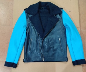 Veste de moto en cuir d'agneau bleu pour homme, respirante, anti-UV, doublure en sherpa, col rabattable, fermeture éclair, coupe-vent d'hiver - Product Image 2