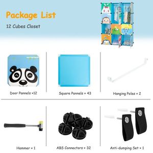 4-Layer 12-Grid Animal Patterned Rubik's Cube Wardrobe Plastic & Steel Wire 105*35*140cm 2 Hanging Rods for Kids' Furniture Sets - Product Image 5