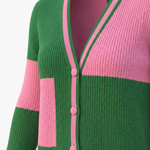 Women <b>Long</b> Sleeve Color Blocked <b>Cardigan</b> Rib Knit Open Front Casual Full <b>Length</b> Green Pink Acrylic Material Anti-Pilling - Product Image 5