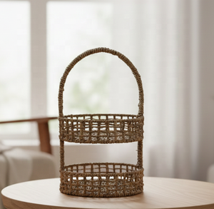 Panier de rangement minimaliste à deux niveaux, double couche, en herbe de mer tressée, fibre naturelle, panier à étages - Product Image 3