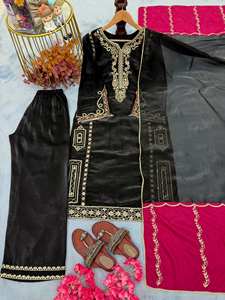 Black Designer Embroidered Silk <b>Kurti</b> Plazzo Dupatta Set - Product Image 4