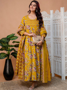 Yellow Floral Printed Cotton <b>Kurta</b> Set Regular Fit Knee-Length Traditional Indian/Pakistani Summer Casual Women's <b>Dress</b> Quick - Product Image 3