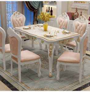 European Style <b>6</b> Piece <b>Dining</b> <b>Room</b> Set White Wood Table With Pink Upholstered <b>Chairs</b> Antique Carved Design - Product Image 6
