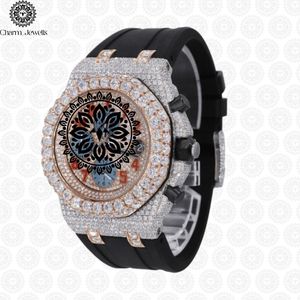 Charm_Jewells Men's Luxury Stainless Steel Watch 43mm Irregular Case Diamond Encrusted Rubber Band Mechanical <b>Chronograph</b> - Product Image 2