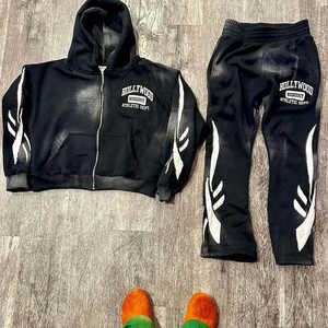 Conjuntos de sudadera y pantalón de chándal de algodón grueso con lavado ácido, cremallera, apliques y parches bordados, estilo acampanado, para hombre - Product Image 3