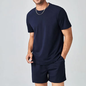 T-shirt bleu marine uni à manches courtes pour hommes, ensemble 2 pièces assorti avec short, tenue de sport, de gym, d'entraînement - Product Image 5