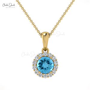 Handmade 14k <b>Solid</b> <b>Gold</b> Natural 4mm Round Brilliant Cut Swiss Blue Topaz & Diamond Halo <b>Pendant</b> Top Wholesale Suppliers - Product Image 1