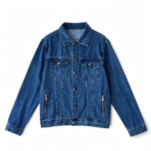 เสื้อแจ็คเก็ตยีนส์สีน้ำเงินฟอกทรงทรัคเกอร์สำหรับผู้ชาย ไซส์กลาง ปกแหลม มีกระเป๋าแบบฝาปิดสองช่องด้านหน้า ติดกระดุมด้านหน้า แขนยาว สีน้ำเงิน - Product Image 1