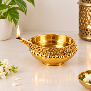 Traditional Carved Brass Diya Oil <b>Lamp</b> Beaded Rim Handcrafted Brass Pooja <b>Lamp</b> Decorative Oil Burner Bowl for Mandir Diwali Deco - Product Image 2