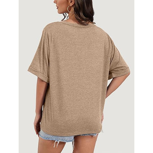Camiseta de Mujer Oversize de Color Liso con Cuello Redondo, Hombros Caídos, Ajuste Holgado, Manga Corta, Transpirable, de Algodón Jersey para Primavera - Product Image 5