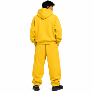 Ensemble de survêtement pour homme OEM, sweat-shirt oversize et pantalon cargo ample en molleton de coton jaune, 2 pièces, poches utilitaires, style streetwear décontracté - Product Image 2
