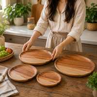 Assiette de service ronde en bois poli fait main, style Wabi Sabi, en bois massif, écologique, pour la décoration de table