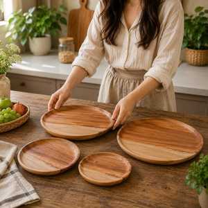 Assiette de service ronde en bois poli fait main, style Wabi Sabi, en bois massif, écologique, pour la décoration de table - Product Image 1