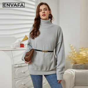 Suéter Casual de Cuello Alto para Mujer, Jersey Sólido de Otoño, Manga Larga, Tejido Antiarrugas, Transpirable, 100% Poliéster - Product Image 2