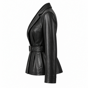 Blouson en cuir de mouton pour femme, court, ceinturé, à revers, vêtement d'extérieur d'automne - Product Image 4