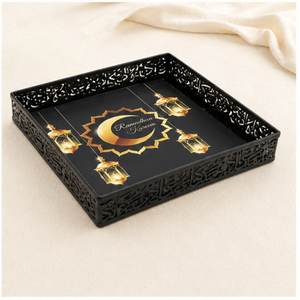 Luxury Metal Ramadan Chocolate Tray <b>Black</b> Gold Arabic Style Serving Platter Eid Mubarak Hollow Decorative Food <b>Plate</b> for Dessert - Product Image 1