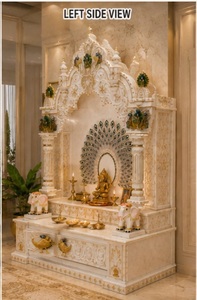 Designer Marble Look Wooden Temple with Peacock Carvings Custom Made Handcrafted Pooja <b>Mandir</b> For Home Teak Wood Puja Unit UK - Product Image 2