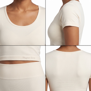 Ensemble de yoga unisexe 2 pièces sans couture en spandex et nylon à carreaux, taille haute élastique, haut à manches courtes et short - Product Image 4