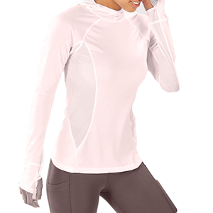 Women's Hooded Long Sleeve Mesh Panel Moisture Wicking Fitted Athletic <b>Top</b> Solid White Summer Breathable Quick Dry - Product Image 4