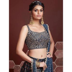 Lehenga choli ชุดปาร์ตี้ผ้าไหมคางพิมพ์ลายดิจิตอลสีฟ้าสวยงาม - Product Image 3