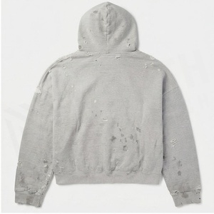 เสื้อฮู้ดโอเวอร์ไซส์สีเทา ผ้าฝ้ายเฟรนช์เทอร์รี่ ยูนิเซ็กส์ มีกระเป๋าหน้า ผิวสัมผัสแบบวอช ดีไซน์ป้องกันขนร่วง สไตล์ฤดูใบไม้ร่วง - Product Image 2
