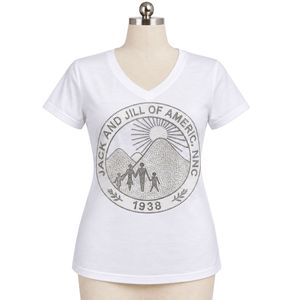 Jack and Jill Women <b>White</b> <b>V</b> <b>Neck</b> Rhinestone Graphic <b>T</b> <b>Shirt</b> Short Sleeve Sparkle Logo Casual Cotton Tee Fashion Top for Ladies - Product Image 1