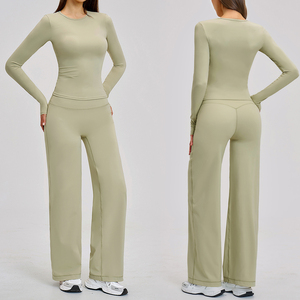 Conjunto de Yoga de 2 Piezas Personalizado para Mujer: Top Corto sin Mangas con Cuello Redondo y Pantalones de Pierna Ancha de Cintura Alta, Elásticos, de Secado Rápido, para Gimnasio, con Efecto Levanta Glúteos - Product Image 4