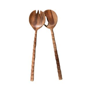 Juego de utensilios para servir tenedor y cuchara de mezcla de mango largo de madera de acacia, superventas, 2 uds., cuchara para ensalada de aperitivos para el hogar, cubiertos de madera - Product Image 1