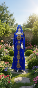 ชุดคาฟตันโมร็อกโกสีน้ำเงินสง่างามปักลายด้วยมือ; ชุดจาลาบียะประดับลูกปัดทองแบบดั้งเดิมพร้อมผ้าคลุมสำหรับงานแต่งงานและงานพิธีการ - Product Image 3