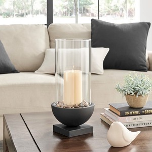 Modern Black Metal Base Glass Hurricane Pillar <b>Candle</b> Holder Centerpiece Contemporary Tabletop Glass Cylinder <b>Candle</b> Stand - Product Image 4