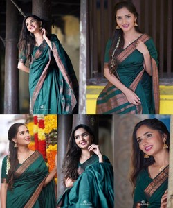 Sari de Seda Verde, Estilo Banarasi, con Borde Decorado, Largo hasta el Suelo, para Bodas Indias Tradicionales - Product Image 4