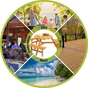 Natural 6-Person Circular Wooden Picnic Table with 3 Built-In Benches for Outdoor Patio Backyard or Garden - Product Image 6