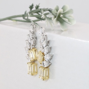 Luxury Gold Canary Yellow Emerald Pear Cut <b>Earrings</b> with Lab Grown Diamonds <b>Wing</b> Cluster Dangle Design Women's Statement Jewelry - Product Image 4
