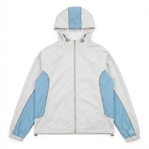 Ensemble de survêtement sportif personnalisé pour homme, veste à capuche et pantalon de jogging, coloris blanc et bleu, respirant, en polyester, idéal pour le printemps - Product Image 2