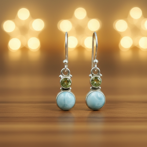 Natural Larimar Peridot 925 Sterling Silver Dangle <b>Earrings</b> Handmade Round Gemstone Drop <b>Hook</b> <b>Earrings</b> Women Jewelry Sister Mom - Product Image 5