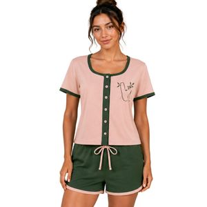 Blush And Forest Green Women Two Piece Shorts Set Round Neck Button <b>Top</b> Minimal Embroidery Casual Summer Cotton Lounge Wear - Product Image 1