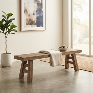 Solid Wood Low <b>Bench</b> Modern Minimalist A Line Frame Leg Natural Teak Style Wooden <b>Bench</b> Shoe Change Stool Home Seating Furniture - Product Image 3
