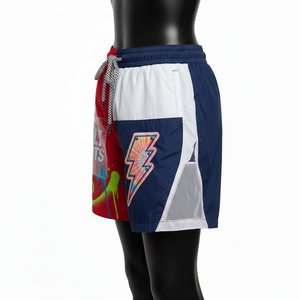 Shorts cortavientos de poliéster taslan premium de 135 GSM, rojo, azul marino, con paneles blancos, estampado de grafiti por sublimación, logotipo personalizado, shorts para mujer - Product Image 4