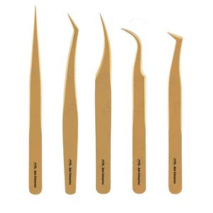 Juego de 5 pinzas para extensión de pestañas profesionales de acero inoxidable con puntas rectas curvadas en ángulo y volumen - Product Image 1